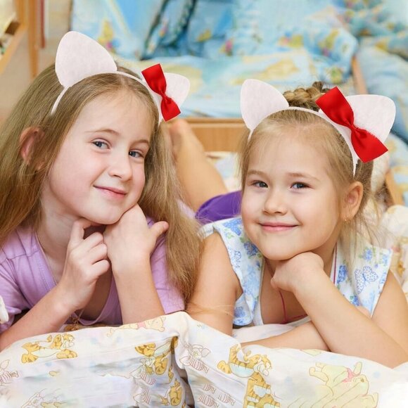 12Pcs Cat Ears Headbands Kids Party Decorations Cute White Plush Red Bow main image 4